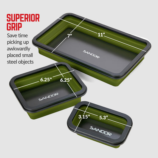 Collapsible Magnetic Parts Tray Set - 3 Different Size Tool Trays for Screw, Bolts, Nuts, Washers, Pins and Other Small Metal Parts, Mechanic Tool Gifts for Men - Olive Green