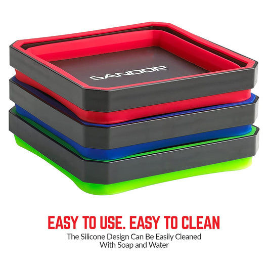 SANDOR Collapsible Magnetic Parts Tray Set - (Pack of 3) Tool Trays for Screw, Bolts, Nuts, Washers, Pins and Other Small Metal Parts - 4.25 Inch Square - Red, Blue, and Green