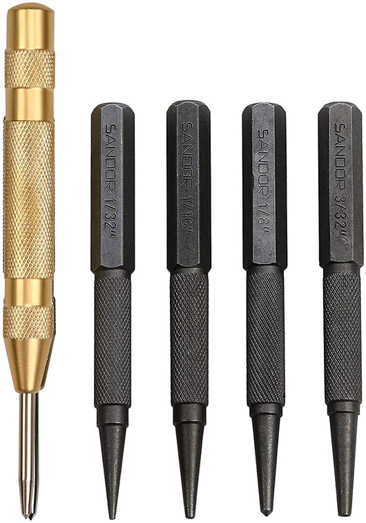 5-Piece Nail Setter Punches and Center Punch Set with Automatic Brass Center Punch and Zipper Case