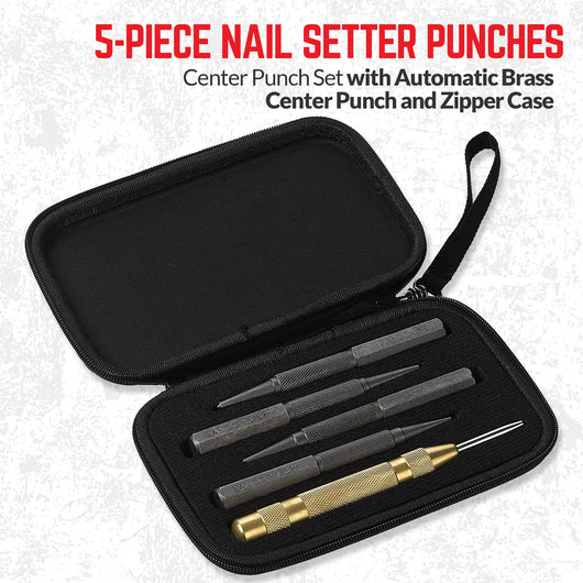 5-Piece Nail Setter Punches and Center Punch Set with Automatic Brass Center Punch and Zipper Case