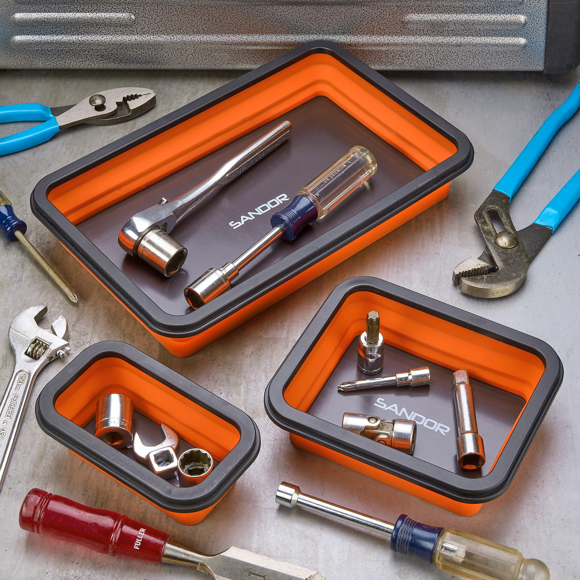 Collapsible Magnetic Parts Tray Set - 3 Different Size Tool Trays for