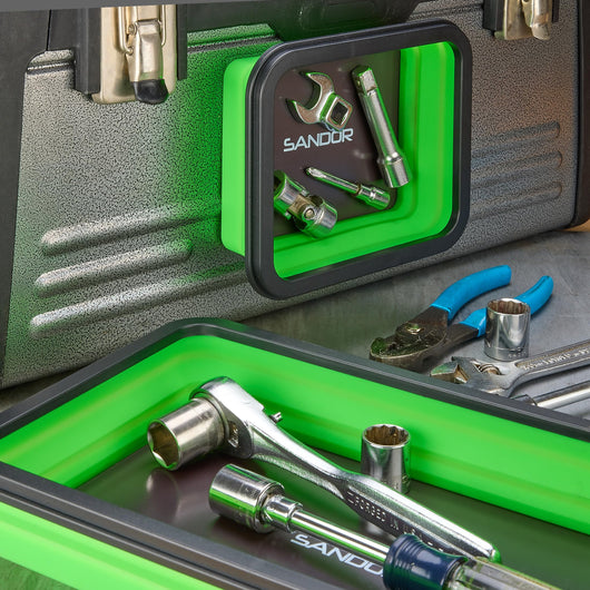 Collapsible Magnetic Parts Tray Set - 3 Different Size Tool Trays for Screw, Bolts, Nuts, Washers, Pins and Other Small Metal Parts, Mechanic Tool Gifts for Men - Green