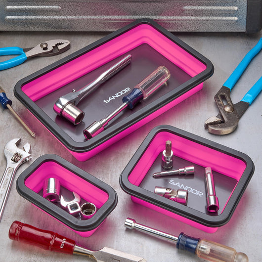 Collapsible Magnetic Parts Tray Set - 3 Different Size Tool Trays for Screw, Bolts, Nuts, Washers, Pins and Other Small Metal Parts, Mechanic Tool Gifts for Men - Pink