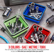 SANDOR Collapsible Magnetic Parts Tray Set - (Pack of 3) Tool Trays for Screw, Bolts, Nuts, Washers, Pins and Other Small Metal Parts - 4.25 Inch Square - Red, Blue, and Green