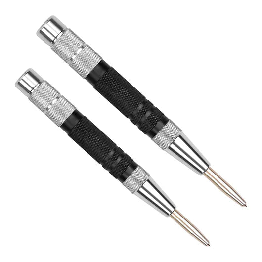 Heavy Duty Automatic Center Punch with Hardened Steel - Pack of 2 Premium Universal Metal Hand Tool for Machinists and Carpenters Spring Loaded with Adjustable Knurled Cap and Hard-Shell Carry Case